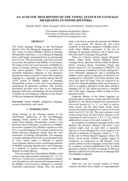 An Acoustic Description of the Vowel System of Santiago Mexquititlán Otomi (Hñäñho)