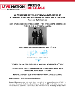 U2 ANNOUNCE DETAILS of NEW ALBUM SONGS of EXPERIENCE and the Experience + Innocence Tour 2018 Powered by Salesforce