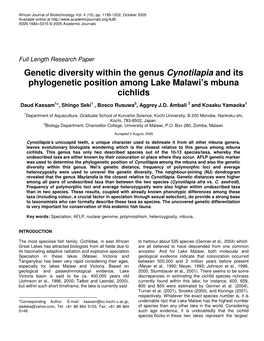Genetic Diversity Within the Genus Cynotilapia and Its Phylogenetic Position Among Lake Malawi’S Mbuna Cichlids