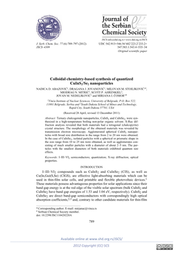 Colloidal Chemistry-Based Synthesis of Quantized Cuins2/Se2 Nanoparticles NADICA D