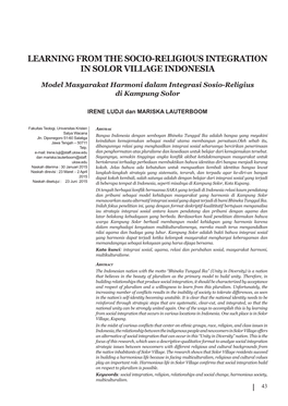 Learning from the Socio-Religious Integration in Solor Village Indonesia Irene Ludji Dan Mariska Lauterboom