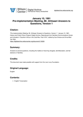 January 10, 1981 Pre-Implementation Meeting, Mr. Ahtisaari Answers to Questions, Version 1