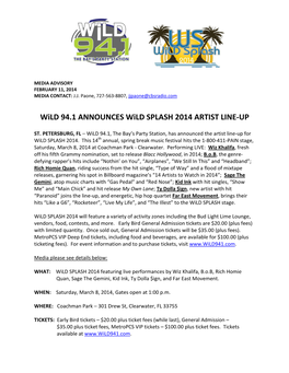 Wild 94.1 ANNOUNCES Wild SPLASH 2014 ARTIST LINE-UP