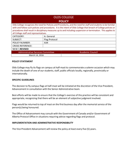 Flag Protocol POLICY NUMBER: A34 CROSS REFERENCE: NEW \ REVISED Administrative Services Committee Academic Council March 14, 2016