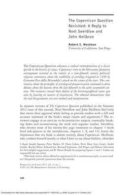 The Copernican Question Revisited: a Reply to Noel Swerdlow and John Heilbron