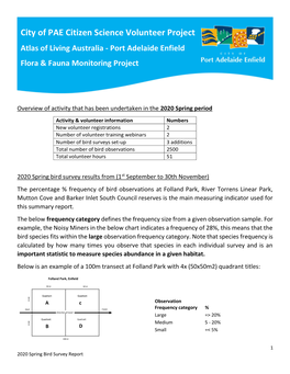 City of PAE Citizen Science Volunteer Project Atlas of Living Australia - Port Adelaide Enfield Flora & Fauna Monitoring Project