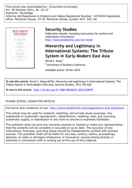 Hierarchy and Legitimacy in International Systems: the Tribute System in Early Modern East Asia David C