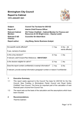 Birmingham City Council Report to Cabinet 19TH JANUARY 2021