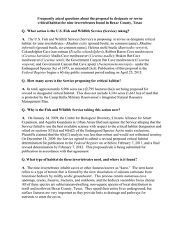 Frequently Asked Questions About the Proposal to Designate Or Revise Critical Habitat for Nine Invertebrates Found in Bexar County, Texas