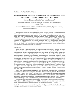 Phytochemical Contents and Antioxidant Activities of Fern, Asplenium Ceterach L