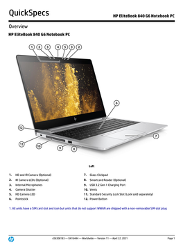 HP Elitebook 840 G6 Notebook PC, Worldwide, Quickspec, C06308183