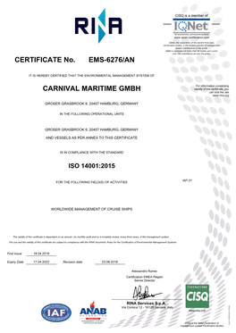 Ems-6276/An Carnival Maritime Gmbh Certificate