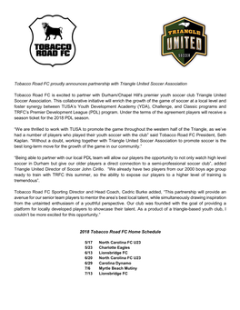 Tobacco Road FC Proudly Announces Partnership with Triangle United Soccer Association