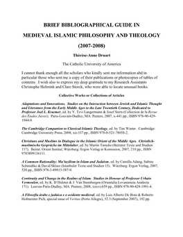 Brief Bibliographic Guide in Medieval Islamic Philosophy and Theology
