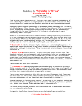 Fact Sheet for “Principles for Giving” 2 Corinthians 8 & 9