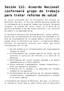 Sesión 112: Acuerdo Nacional Conformará Grupo De Trabajo Para Tratar Reforma De Salud