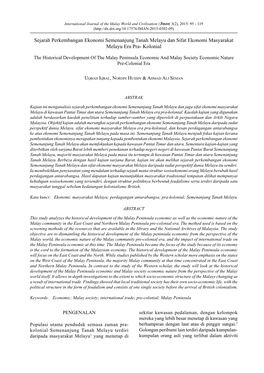 Sejarah Perkembangan Ekonomi Semenanjung Tanah Melayu Dan Sifat Ekonomi Masyarakat Melayu Era Pra- Kolonial