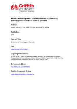 Hemiptera: Gerridae) Mercury Concentrations in Lotic Systems