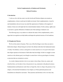 On the Complementarity of Judaism and Christianity Richard Oxenberg I. Introduction I Write As a Jew Who Has Come to See the Je