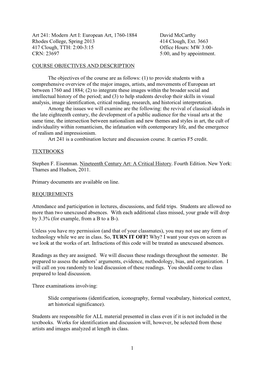 Art 241: Modern Art I: European Art, 1760-1884 David Mccarthy Rhodes College, Spring 2013 414 Clough, Ext