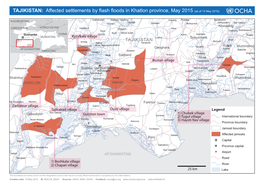 Affected Settlements by Flash Floods in Khatlon Province, May 2015 (As of 15 May 2015)