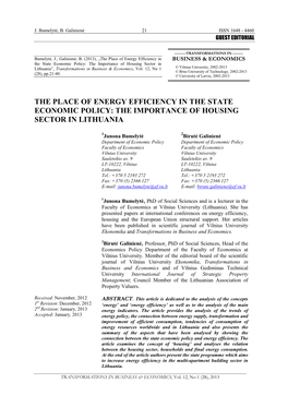 The Place of Energy Efficiency in the State Economic Policy: the Importance of Housing Sector in Lithuania