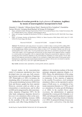 Induction of Ovarian Growth in Aegla Platensis (Crustacea, Aeglidae) by Means of Neuroregulators Incorporated to Food