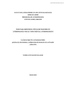 Facultad Latinoamericana De Ciencias Sociales Sede Ecuador Programa De Antropología Convocatoria 2008-2010