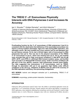 5′ Exonuclease Physically Interacts with DNA Polymerase Δ and Increases Its Accuracy