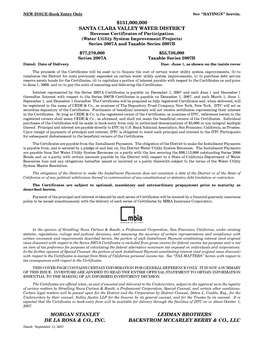 $131,000,000 Santa Clara Valley Water District Morgan Stanley De La Rosa & Co., Inc. Lehman Brothers Backstrom Mccarley Berr