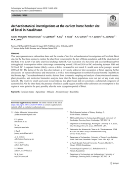 Archaeobotanical Investigations at the Earliest Horse Herder Site of Botai in Kazakhstan