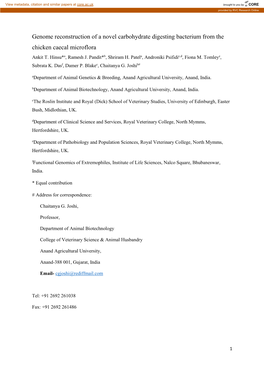 Genome Reconstruction of a Novel Carbohydrate Digesting Bacterium from the Chicken Caecal Microflora Ankit T