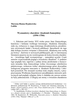 Wyznaniowy Charakter Akademii Zamojskiej (1594-1784)