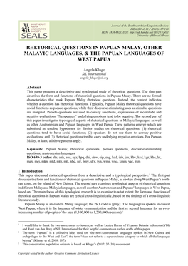Rhetorical Questions in Papuan Malay, Other Malayic Languages, & the Papuan Languages of West Papua