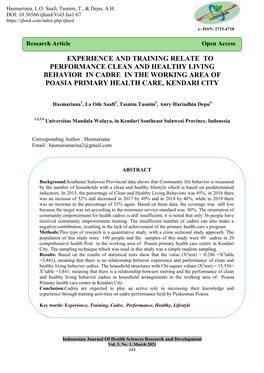 Experience and Training Relate to Performance Clean and Healthy Living Behavior in Cadre in the Working Area of Poasia Primary Health Care, Kendari City