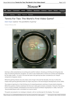 Tennis for Two: the World's First Video Game? | Nouse