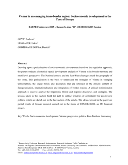 Vienna in an Emerging Trans-Border Region: Socioeconomic Development in the Central Europe