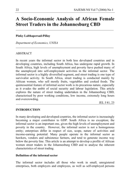 A Socio-Economic Analysis of African Female Street Traders in the Johannesburg CBD ______