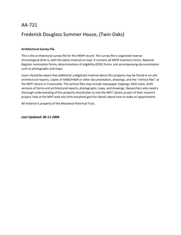 AA-721 Frederick Douglass Summer House, (Twin Oaks)