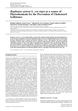 Raphanus Sativus L. Var Niger As a Source of Phytochemicals for the Prevention of Cholesterol Gallstones