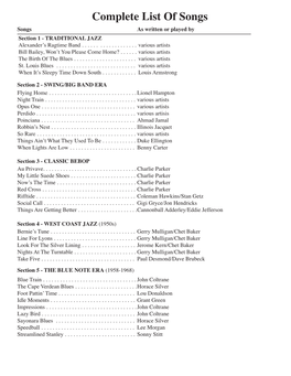 Complete List of Songs Songs As Written Or Played by Section 1 - TRADITIONAL JAZZ Alexander’S Ragtime Band