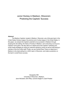 Junior Hockey in Madison, Wisconsin: Predicting the Capitols’ Success