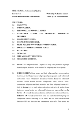 1 MAL-511: M. Sc. Mathematics (Algebra) Lesson No