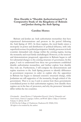 “Durable Authoritarianism”? a Comparative Study of the Kingdoms of Bahrain and Jordan During the Arab Spring