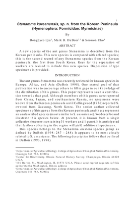 Stenamma Koreanensis, Sp. N. from the Korean Peninsula (Hymenoptera: Formicidae: Myrmicinae) by Dongpyeo Lyu1, Mark B