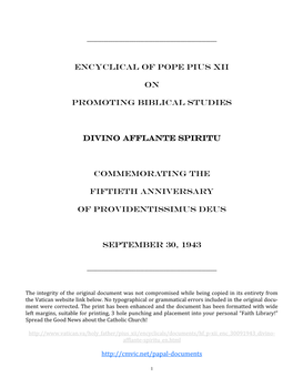 Encyclical of Pope Pius Xii on Promoting Biblical Studies Divino Afflante Spiritu Commemorating the Fiftieth Anniversary of Prov