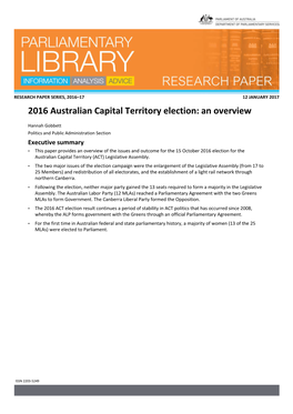 2016 Australian Capital Territory Election: an Overview