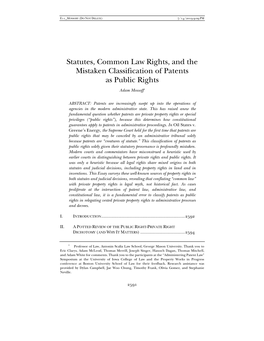 Statutes, Common Law Rights, and the Mistaken Classification of Patents As Public Rights
