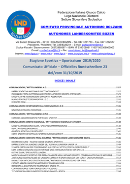 Stagione Sportiva – Sportsaison 2019/2020 Comunicato Ufficiale – Offizielles Rundschreiben 23 Del/Vom 31/10/2019