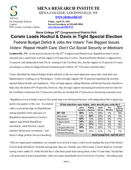 SIENA RESEARCH INSTITUTE Corwin Leads Hochul & Davis In